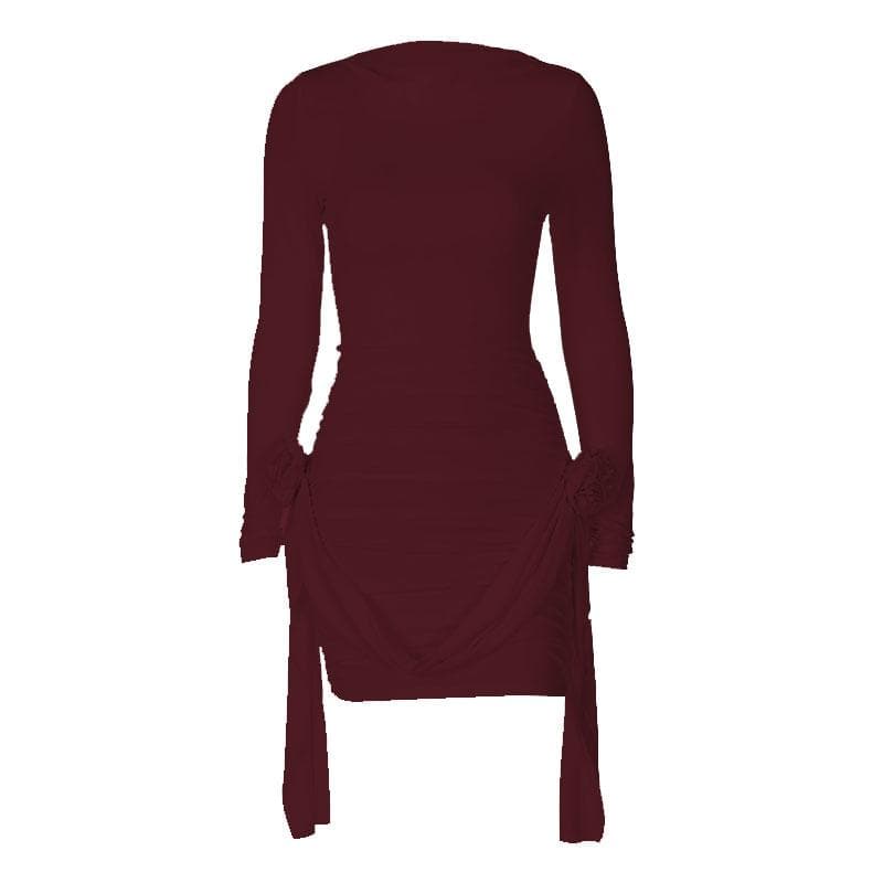 Boat Neck Long Sleeve Ruched Rosette Draped Bodycon Mini Dress - View 9