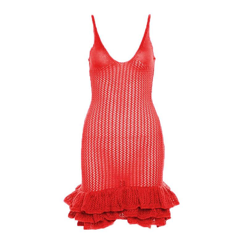 Crochet v neck sleeveless hollow out ruffle mini dress - View 14
