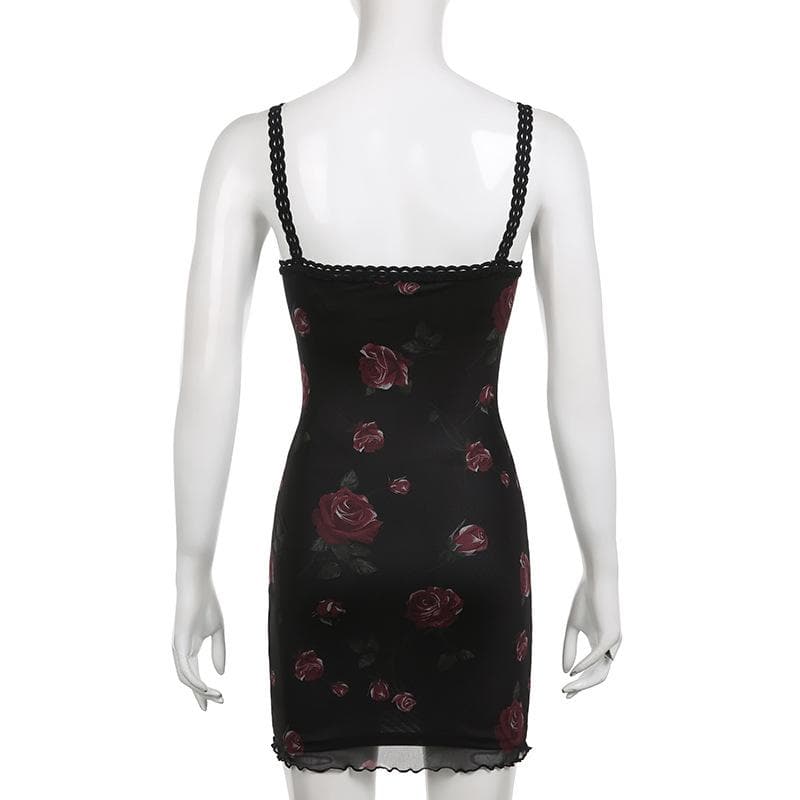Floral Print Square Neck Spaghetti Strap Lace Trim Bodycon Mini Dress - View 4
