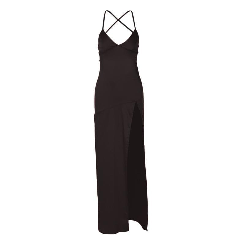 Slit cross back satin backless solid v neck maxi dress - View 10