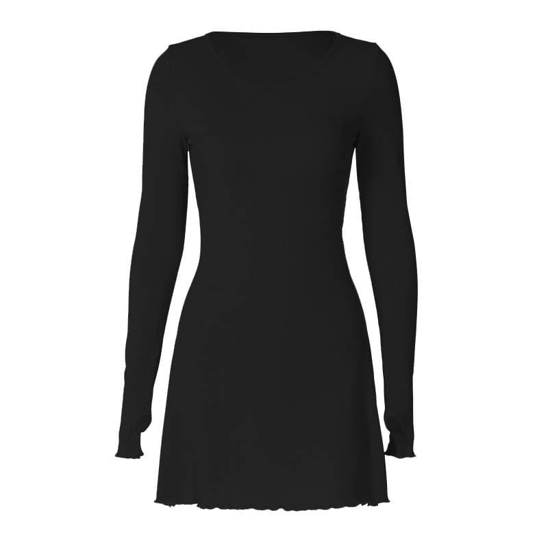 Ribbed Long Sleeve Lace Up Ruffle Mini Dress - View 11