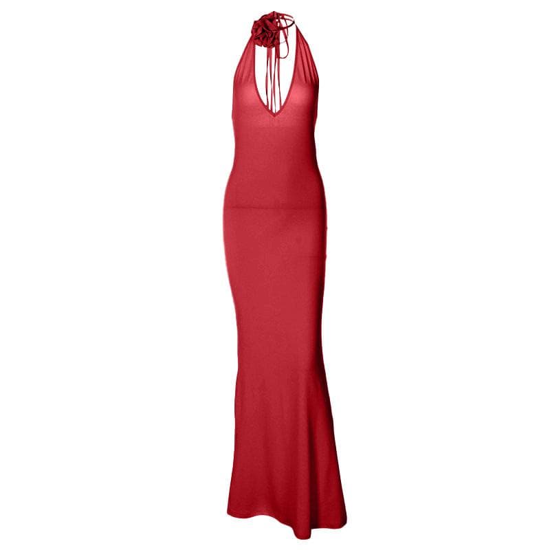 Deep V-Neck Halter Backless Rosette Bodycon Maxi Dress - View 9
