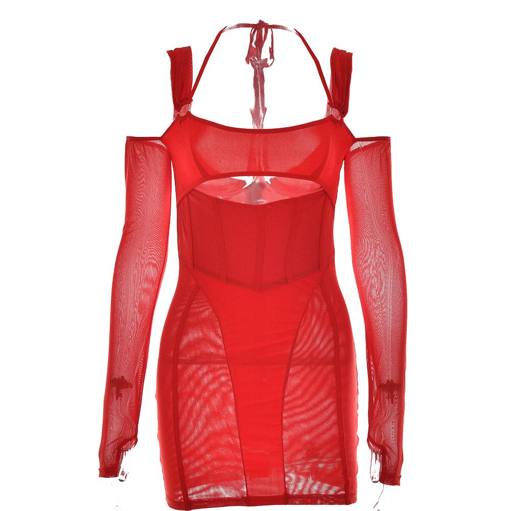 Mesh Square Neck Long Sleeve Corset Cut Out Bodycon Mini Dress - View 2
