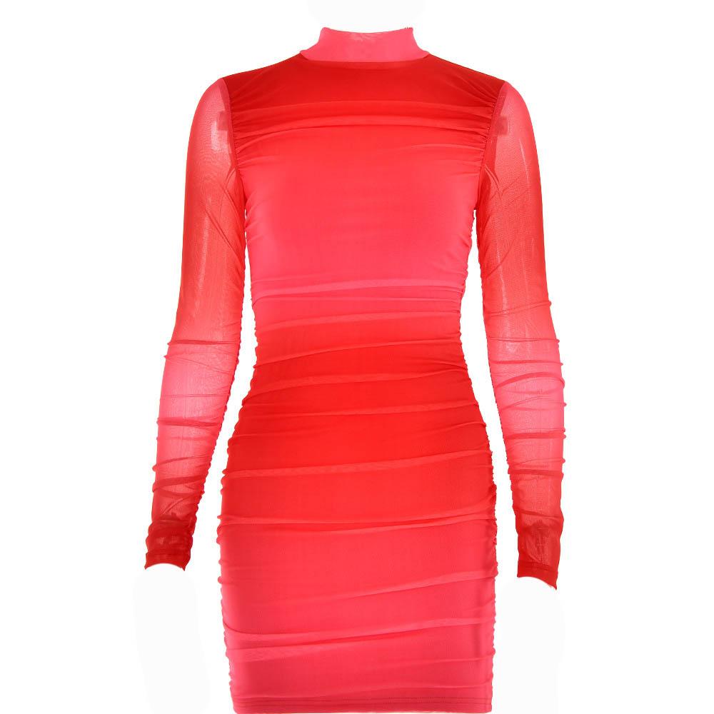 Mesh ruched zip-up long sleeve solid high neck mini dress - View 8