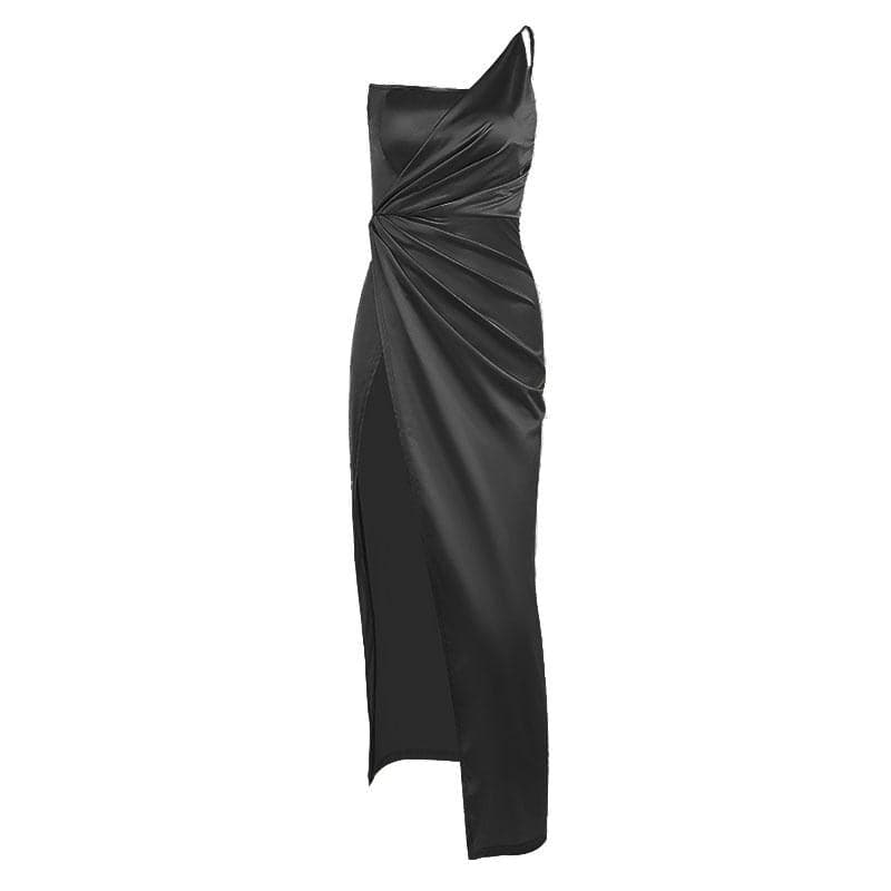 Sleeveless solid satin slit one shoulder ruched backless midi dress - View 7