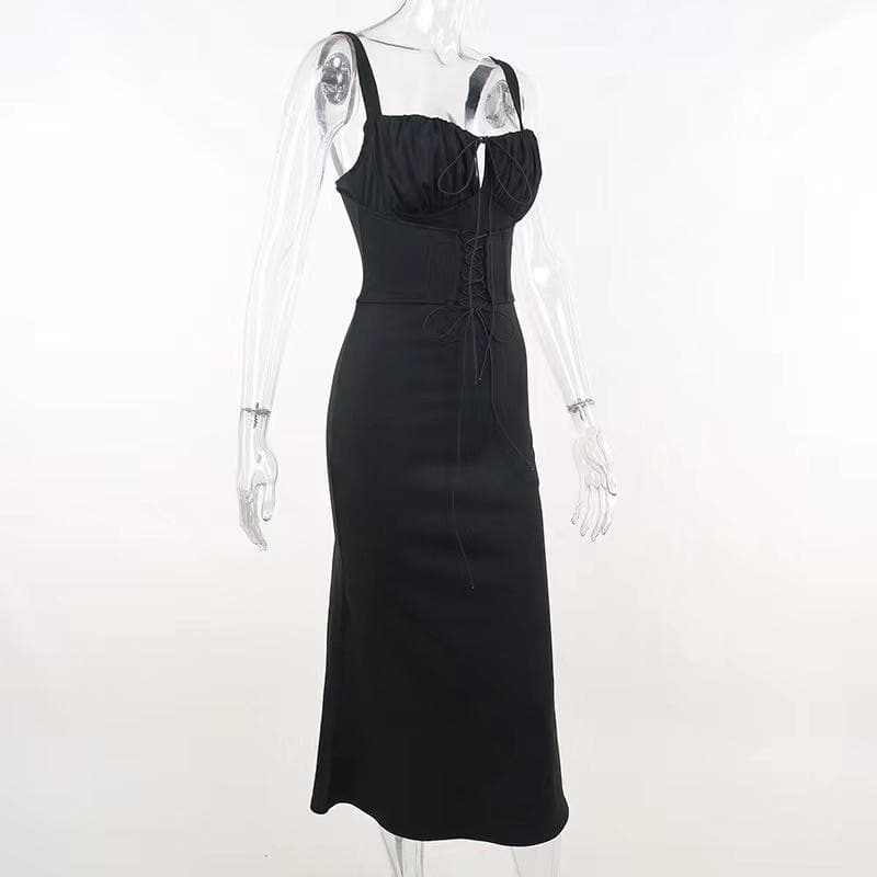 Ruched solid lace up self tie backless sleeveless midi dress - View 3
