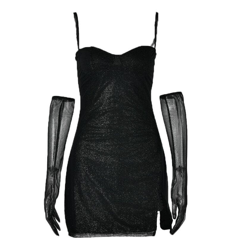Textured mesh gloves sweetheart neck zip-up slit cami mini dress - View 2