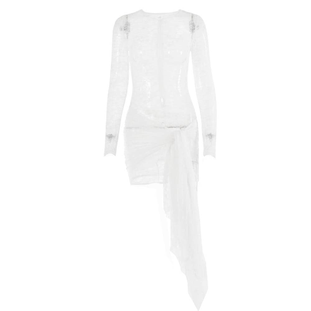 Lace see through long sleeve zip-up self tie ruched mini dress - View 9
