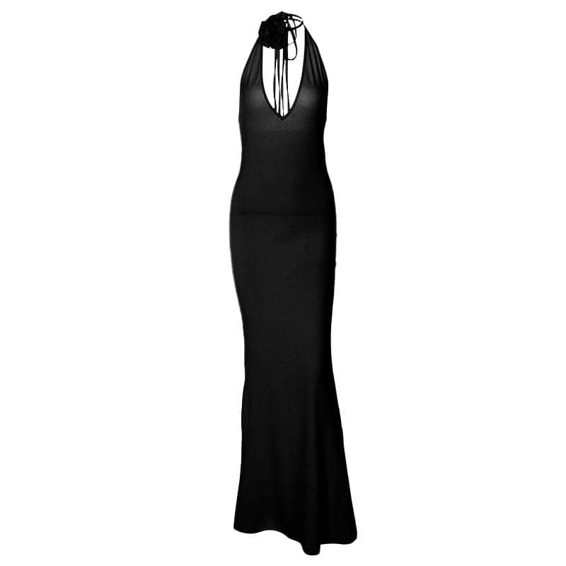 Deep V-Neck Halter Backless Rosette Bodycon Maxi Dress - View 2