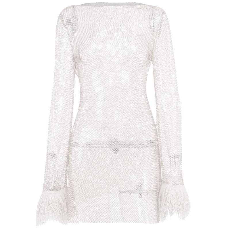 Long sleeve solid see through sheer mesh fluffy round neck mini dress - View 10