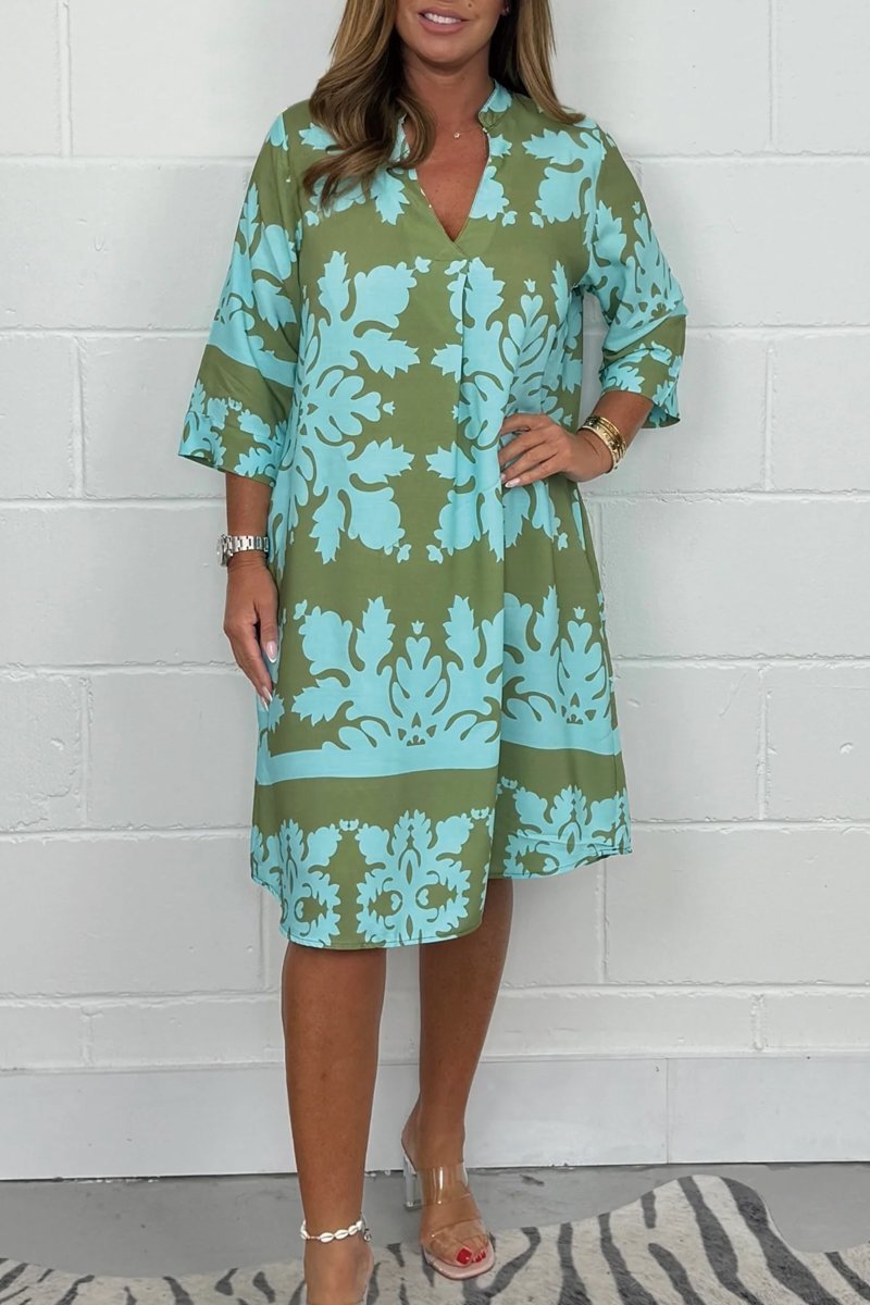Notch Neck Half Sleeve Damask Print Shift Midi Dress 9