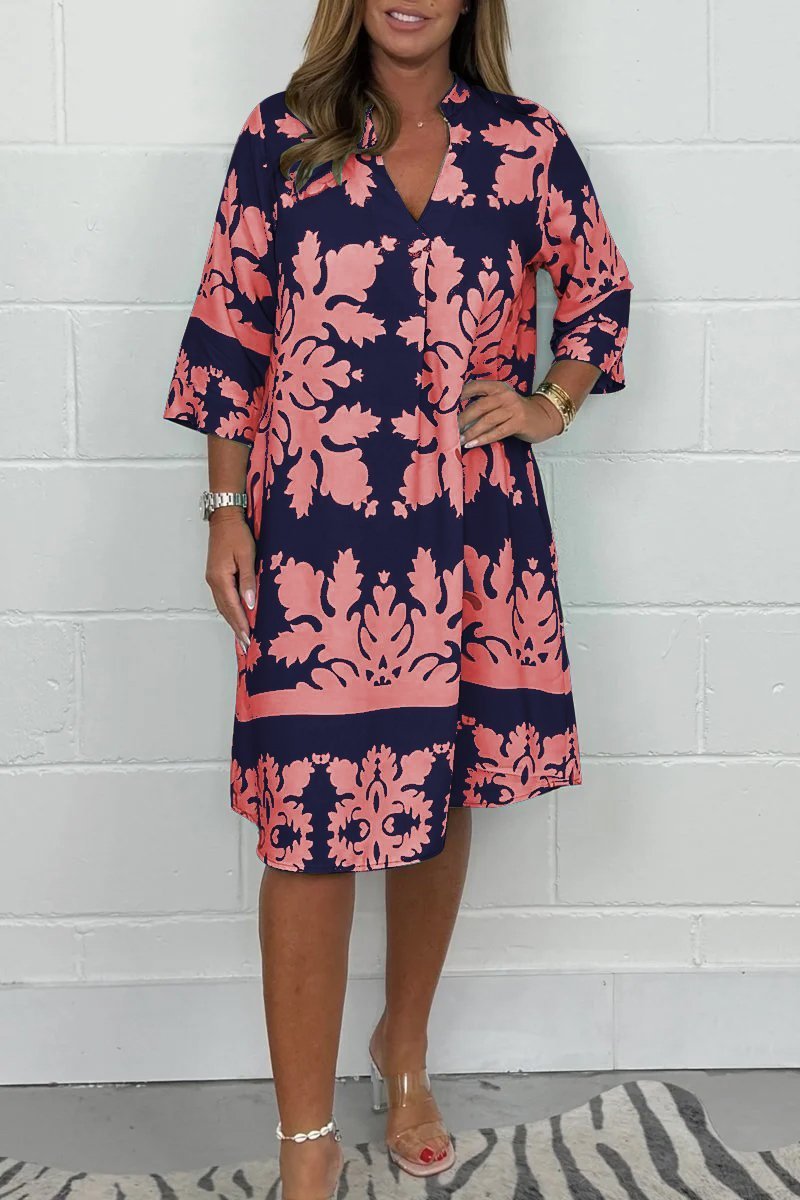 Notch Neck Half Sleeve Damask Print Shift Midi Dress 8