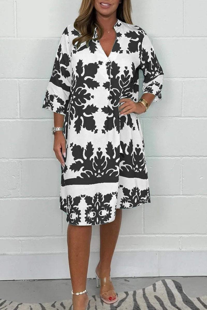 Notch Neck Half Sleeve Damask Print Shift Midi Dress 5