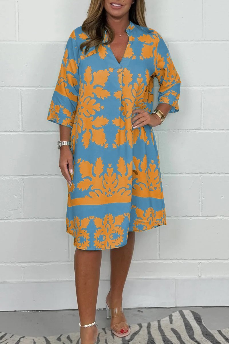 Notch Neck Half Sleeve Damask Print Shift Midi Dress 7