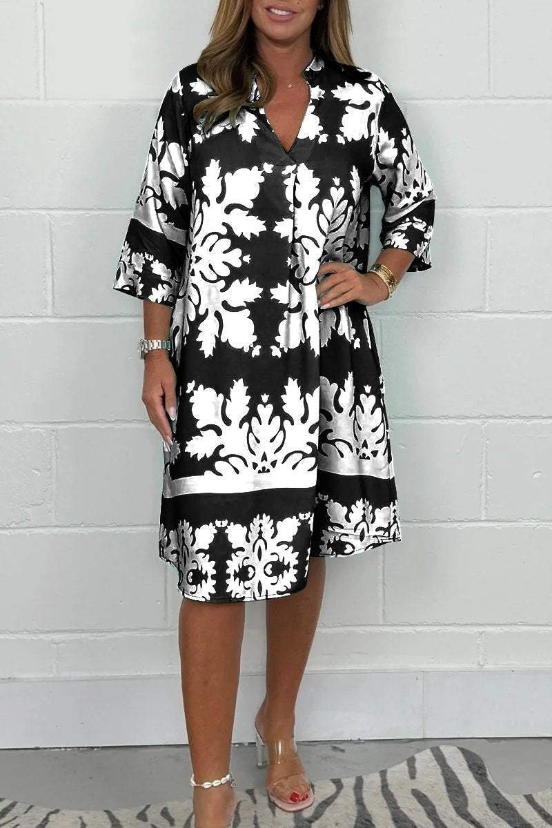 Notch Neck Half Sleeve Damask Print Shift Midi Dress 4