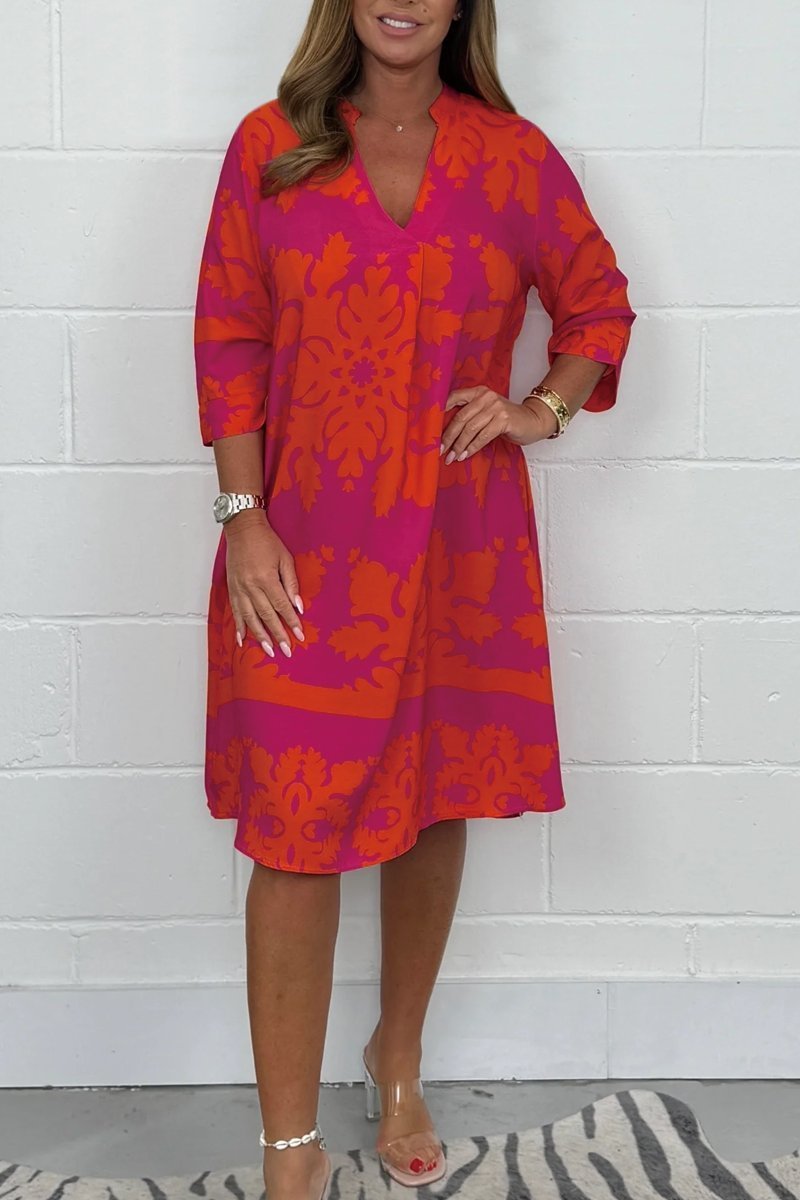 Notch Neck Half Sleeve Damask Print Shift Midi Dress 2