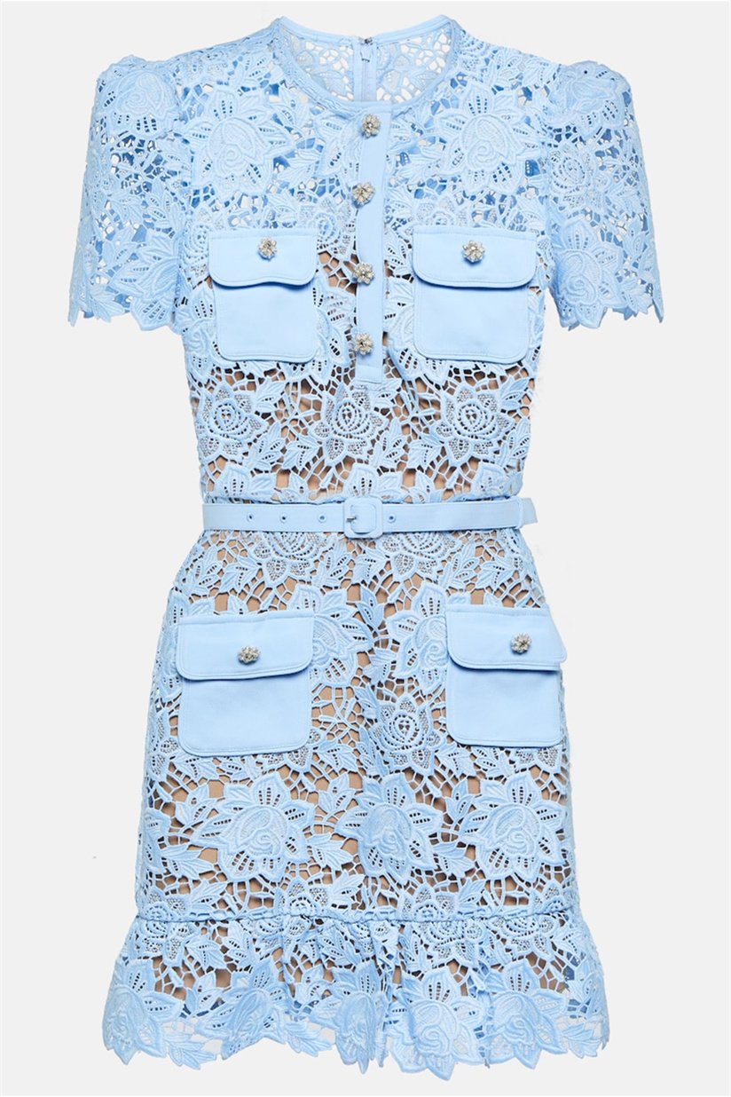 Floral Lace Short Sleeve Belted Ruffle Hem Mini Dress - View 6