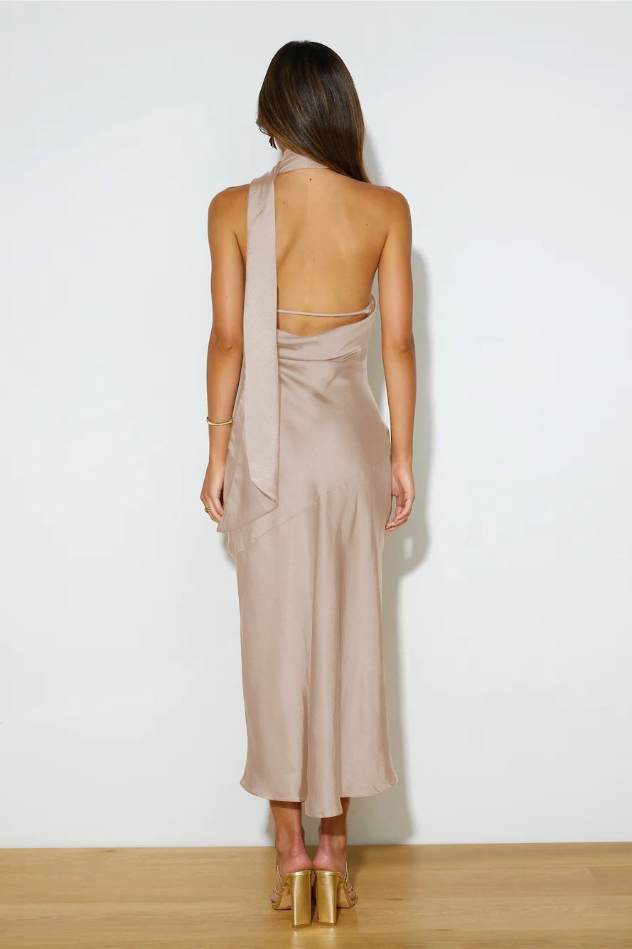 Satin Halter Neck Backless Cowl Bias Cut Midi Dress - View 8