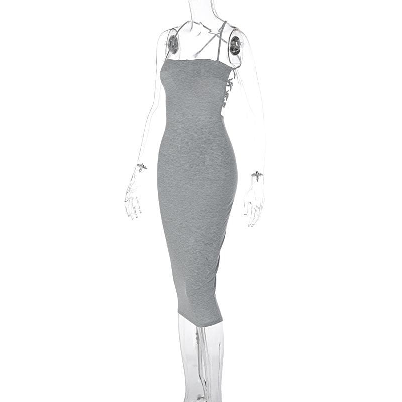 Cross back lace up self tie backless solid square neck midi dress - View 4