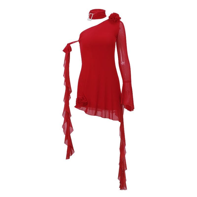One Shoulder Flared Sleeve Mesh Flower Applique Ruffle Mini Dress
