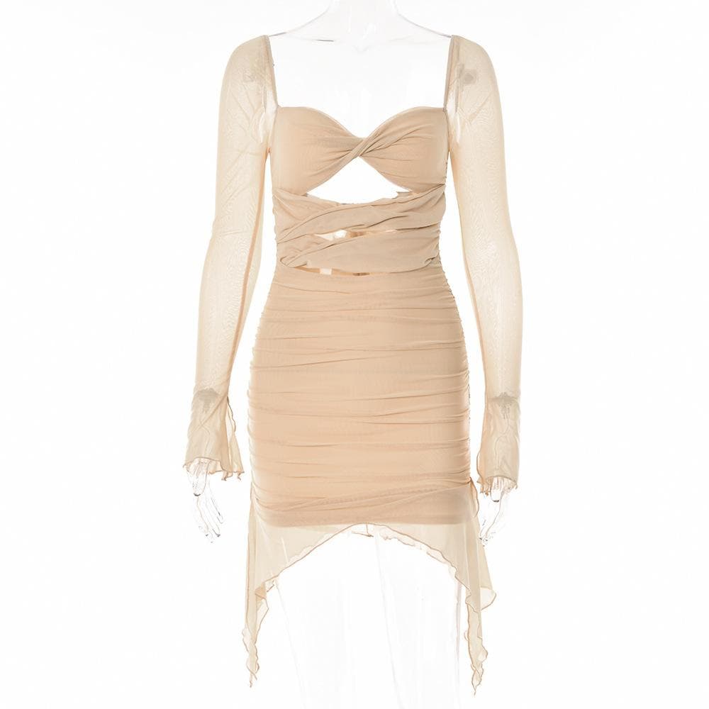 Long sleeve solid hollow out slit mesh ruched zip-up mini dress - View 4