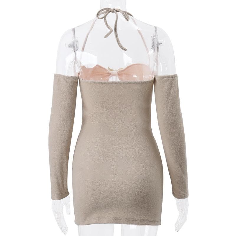 Halter Neck Off Shoulder Long Sleeve Cut Out Bodycon Mini Dress - View 3