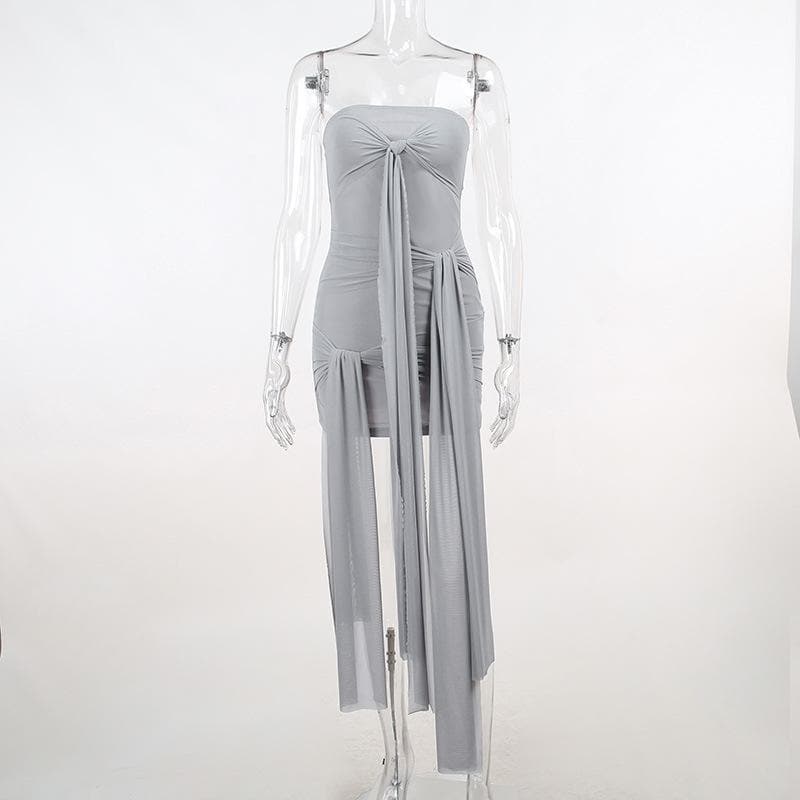 Solid mesh ruched self tie backless tube mini dress - View 2