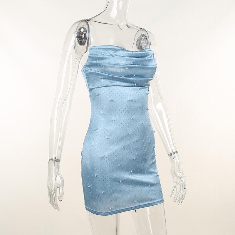 Sleeveless solid backless cowl neck beaded cami dress - View 3