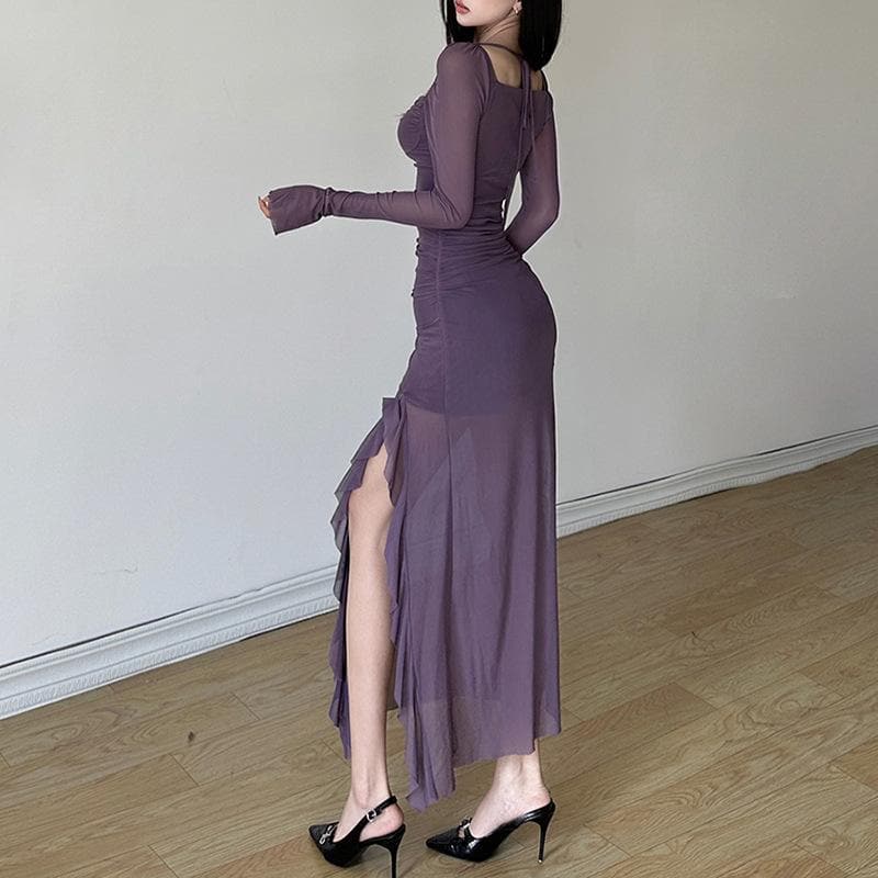 Mesh ruffle solid long sleeve ruched self tie slit maxi dress - View 4