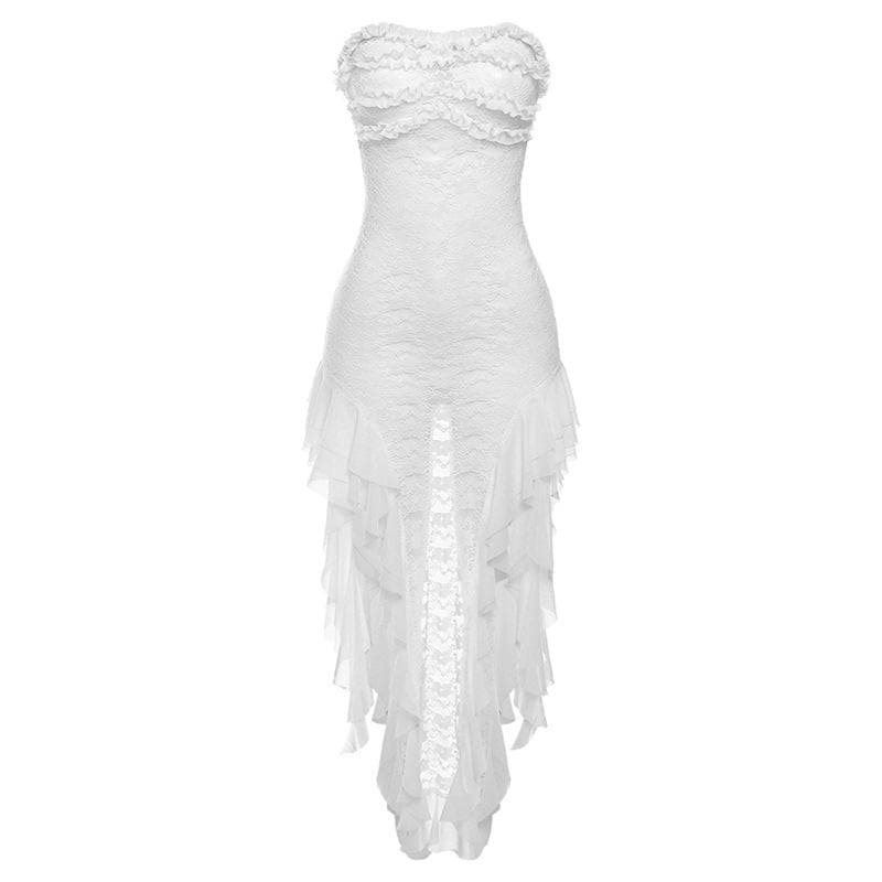 Lace see through ruffle backless slit tube midi dress - View 2