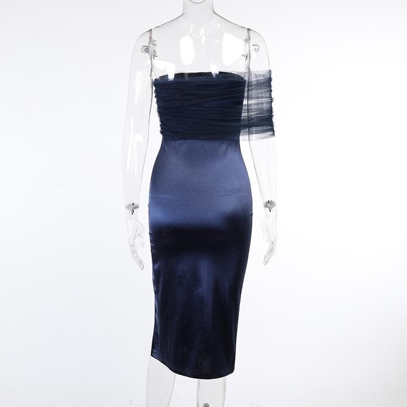 One shoulder irregular mesh ruched slit midi dress - View 3
