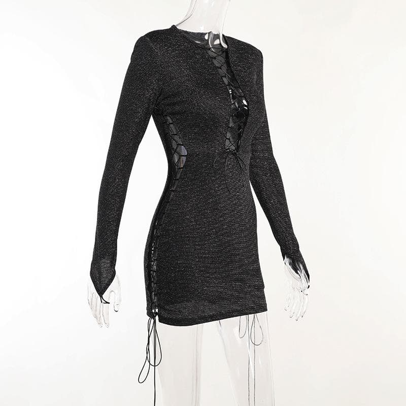 Long sleeve hollow out lace up gloves textured mini dress - Final Sale - View 7