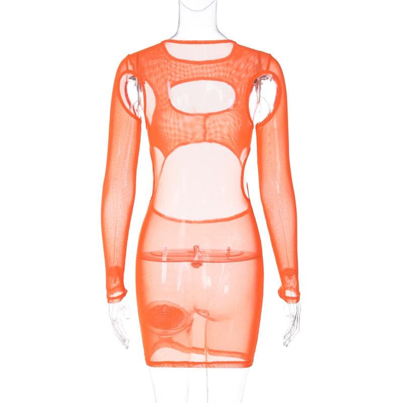 Long sleeve hollow out sheer mesh see through mini dress - View 4