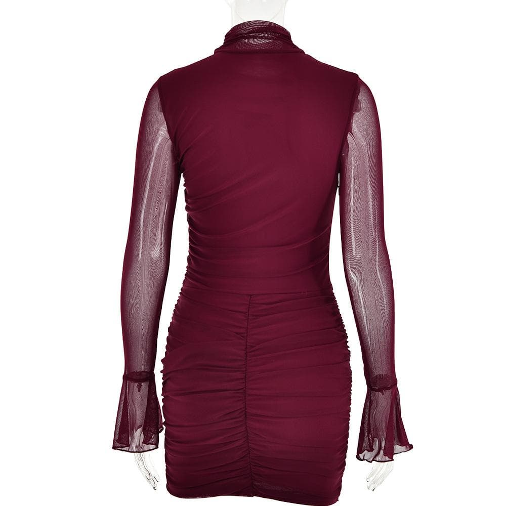 Mesh solid long sleeve turtle neck ruched zip-up mini dress - View 10