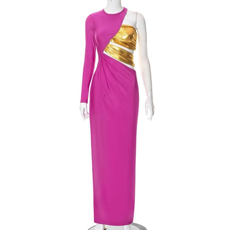 One shoulder ruched contrast long sleeve metallic maxi dress - View 2