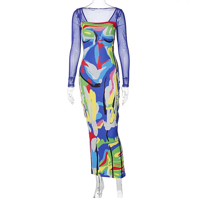 Long sleeve contrast abstract mesh midi dress - View 3