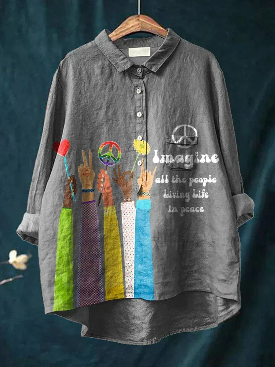 Peace Hands Graphic Collared Long Sleeve Button Front High Low Shirt
