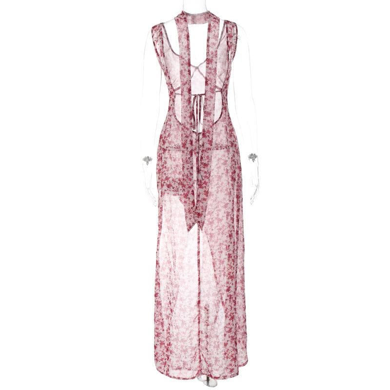 Chiffon flower print contrast backless v neck sleeveless maxi dress - View 4