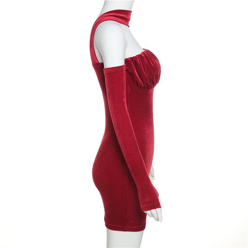 Velvet Halter Neck Glove Sleeve Ruched Bodycon Mini Dress - View 3