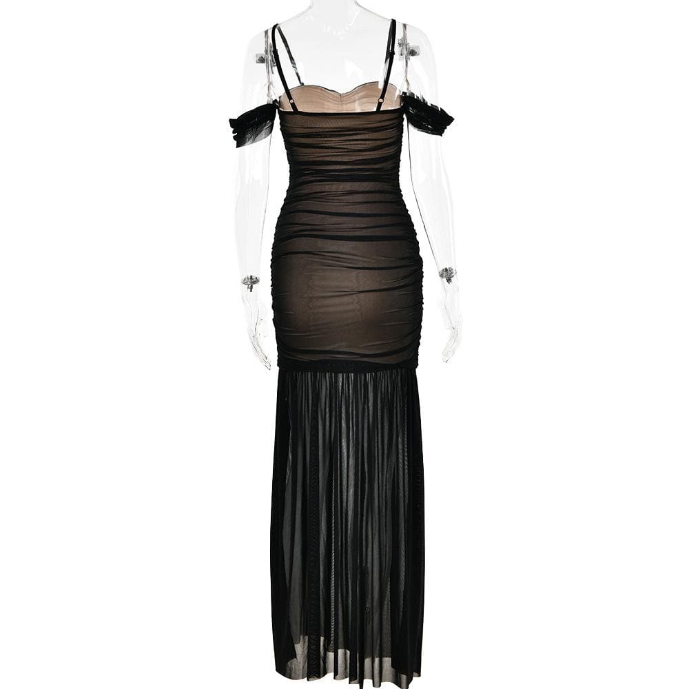 Mesh off shoulder ruched patchwork backless maxi dress - View 5