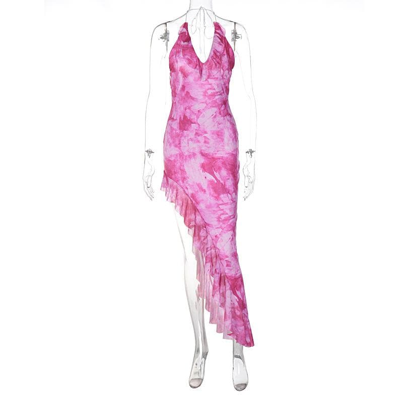 Tie dye ruffle halter mesh backless self tie irregular maxi dress - View 9
