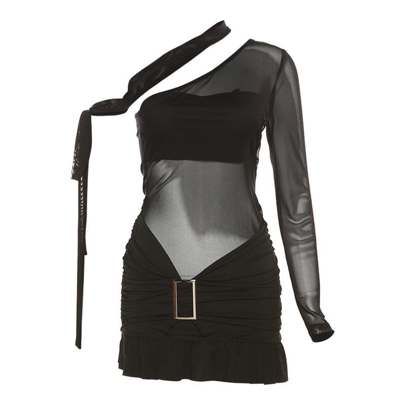 Ruffle contrast buckle one shoulder irregular ruched mesh mini dress - View 2