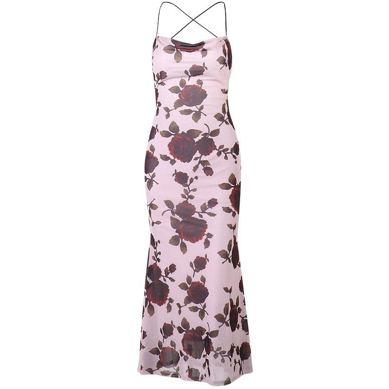 Floral Print Cowl Neck Cross Back Slip Midi Dress