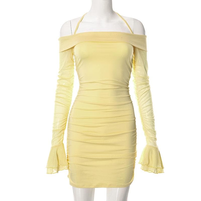 Off Shoulder Halter Neck Long Sleeve Mesh Ruched Bodycon Mini Dress - View 7