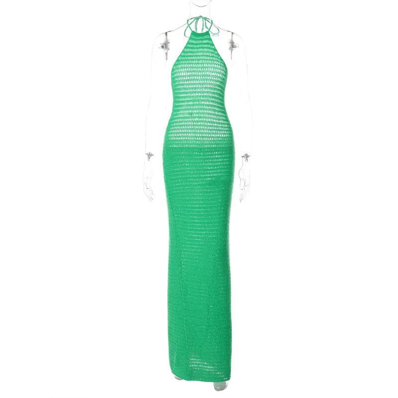 Crochet solid halter backless self tie maxi dress - View 2