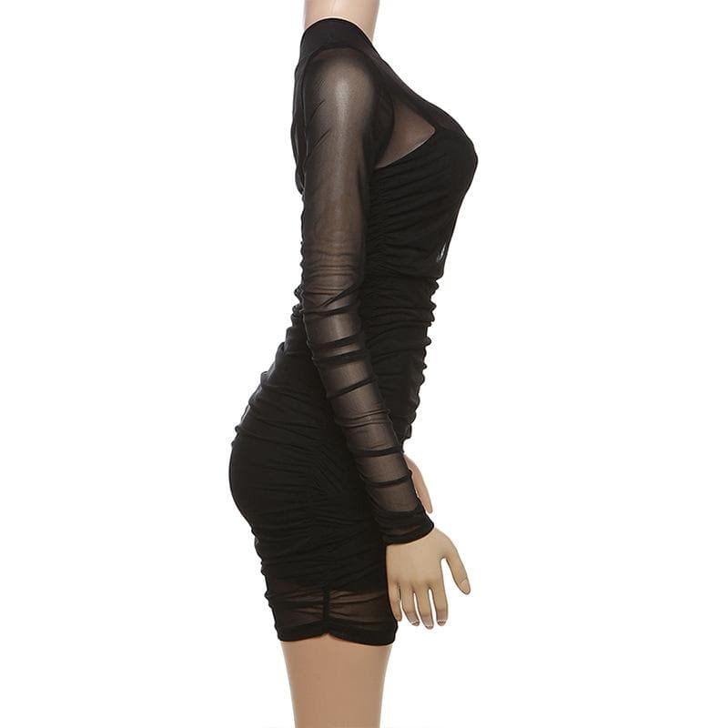 Mesh off shoulder long sleeve irregular ruched mini dress - View 3