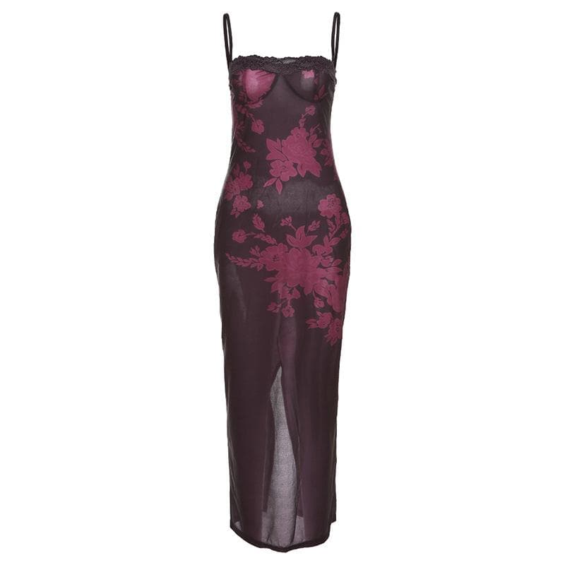 Floral Print Spaghetti Strap Lace Trim Bustier Mermaid Maxi Dress - View 2