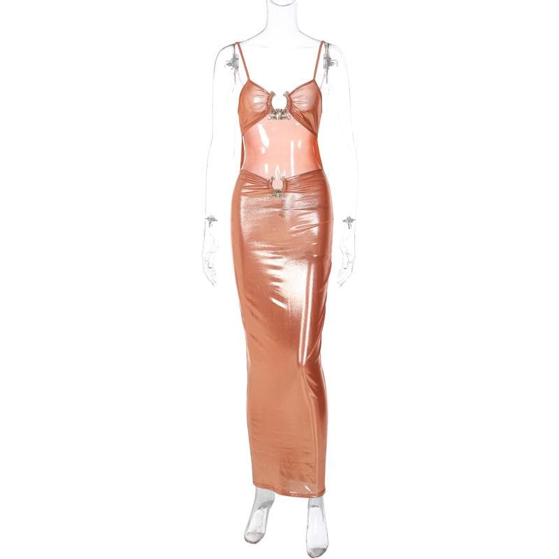 Hollow out metallic ruched backless metal applique cami maxi dress - View 8