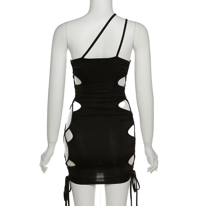 Hollow out one shoulder lace up drawstring low cut mini dress - View 4