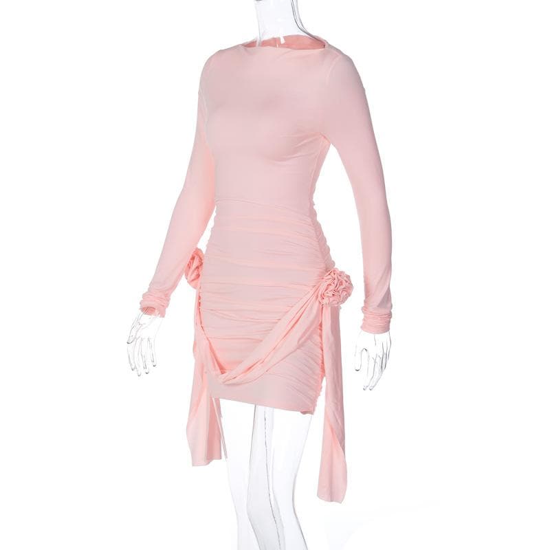 Boat Neck Long Sleeve Ruched Rosette Draped Bodycon Mini Dress - View 4